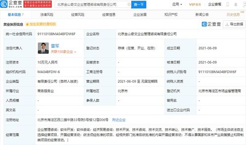 雷軍獨資設立金山奇文企業(yè)管理咨詢公司，全資持股引發(fā)市場關注